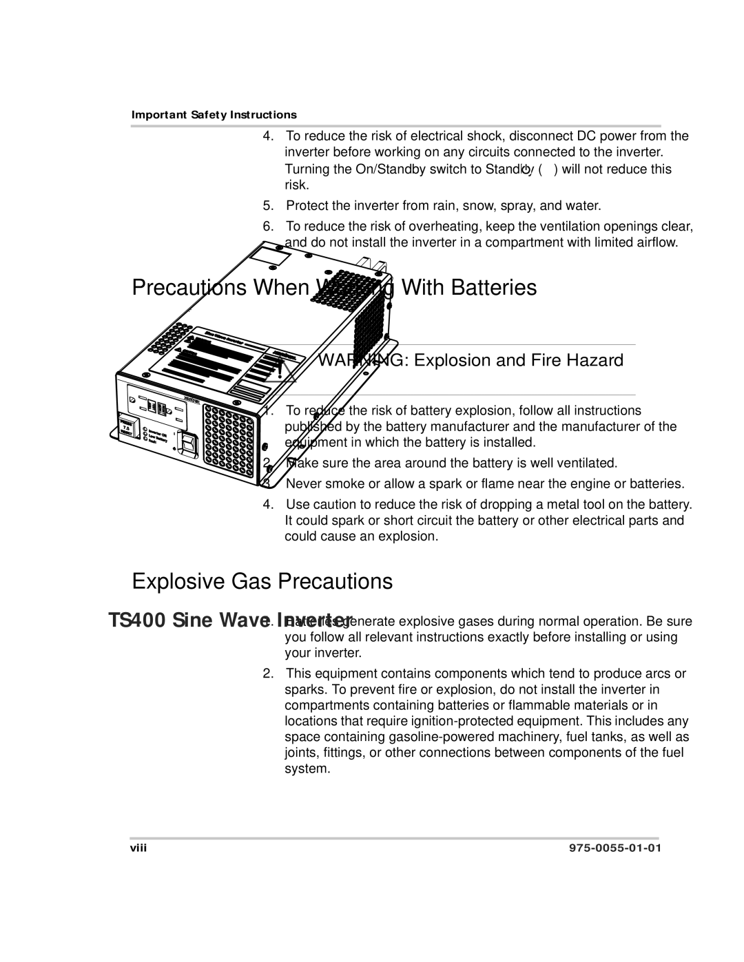 Xantrex Technology TS400 manual Precautions When Working With Batteries, Explosive Gas Precautions 