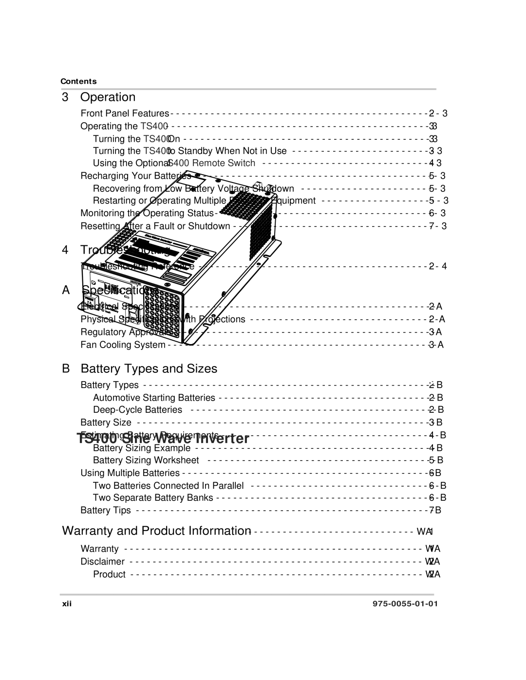 Xantrex Technology TS400 manual Operation, Troubleshooting, Specifications, Battery Types and Sizes 