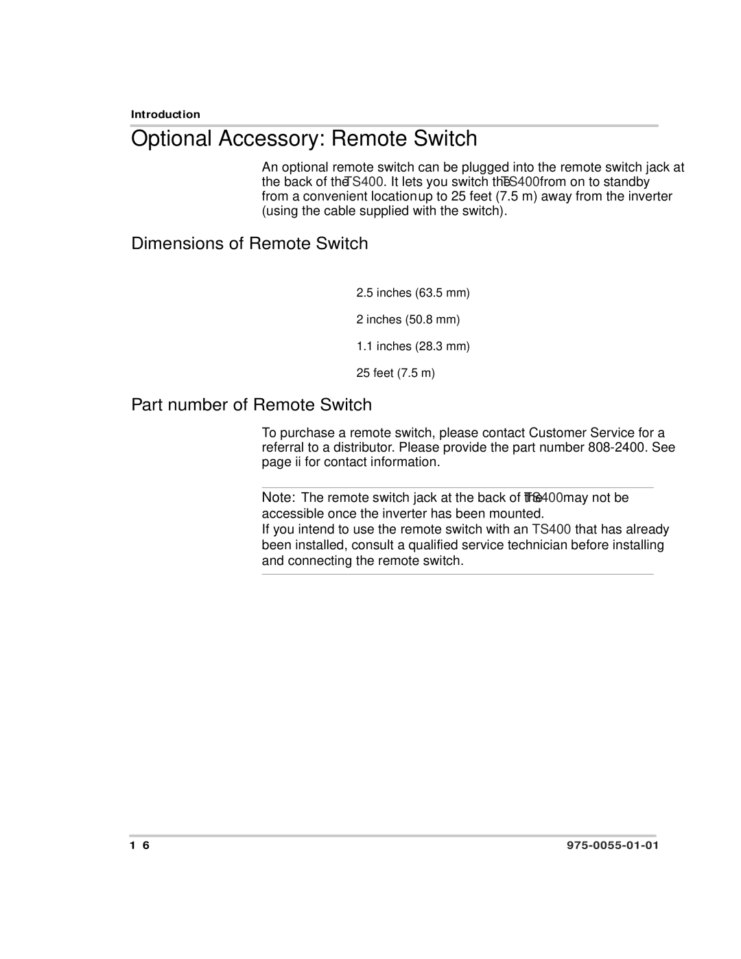 Xantrex Technology TS400 manual Optional Accessory Remote Switch, Dimensions of Remote Switch, Part number of Remote Switch 