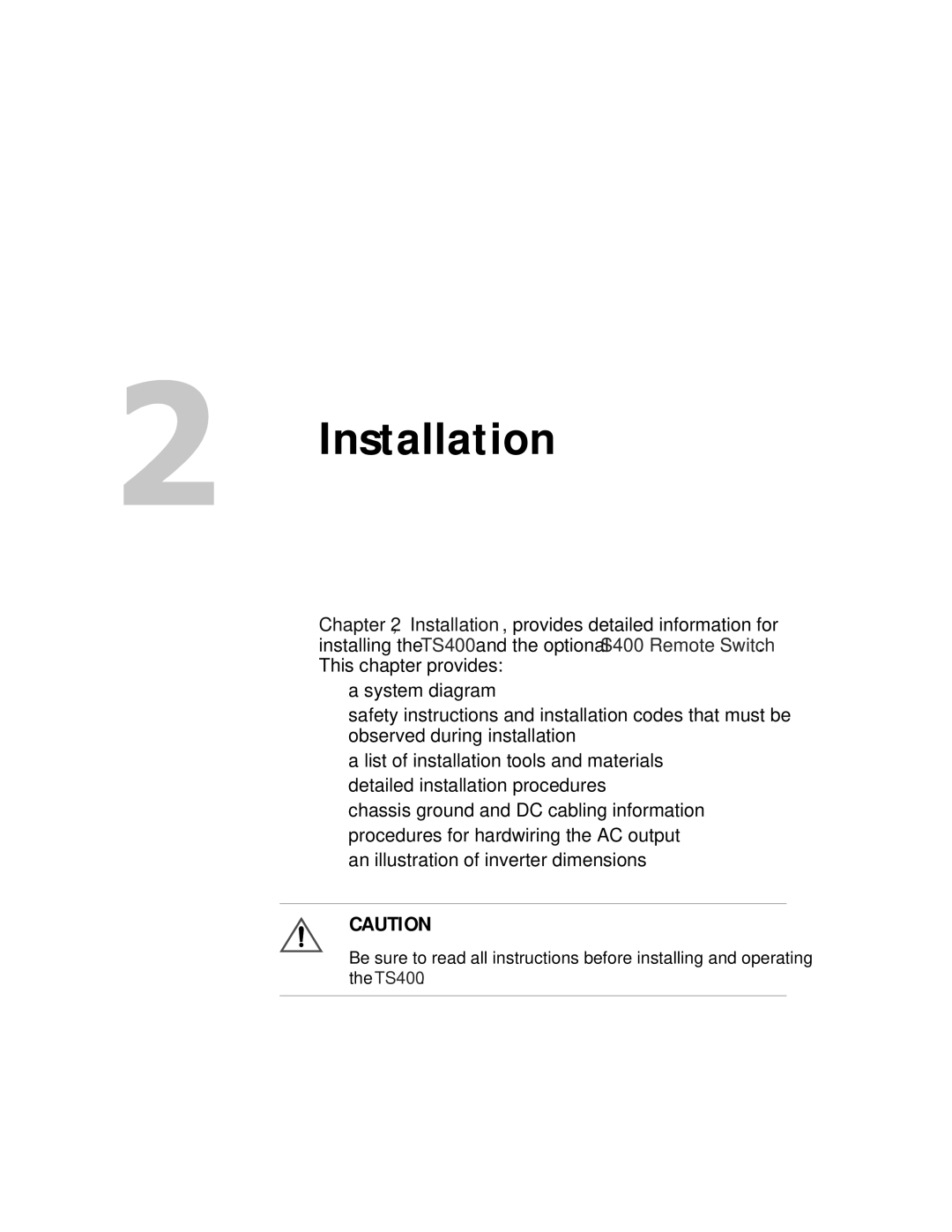 Xantrex Technology TS400 manual Installation 