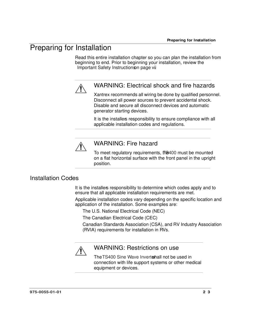 Xantrex Technology TS400 manual Preparing for Installation, Installation Codes 