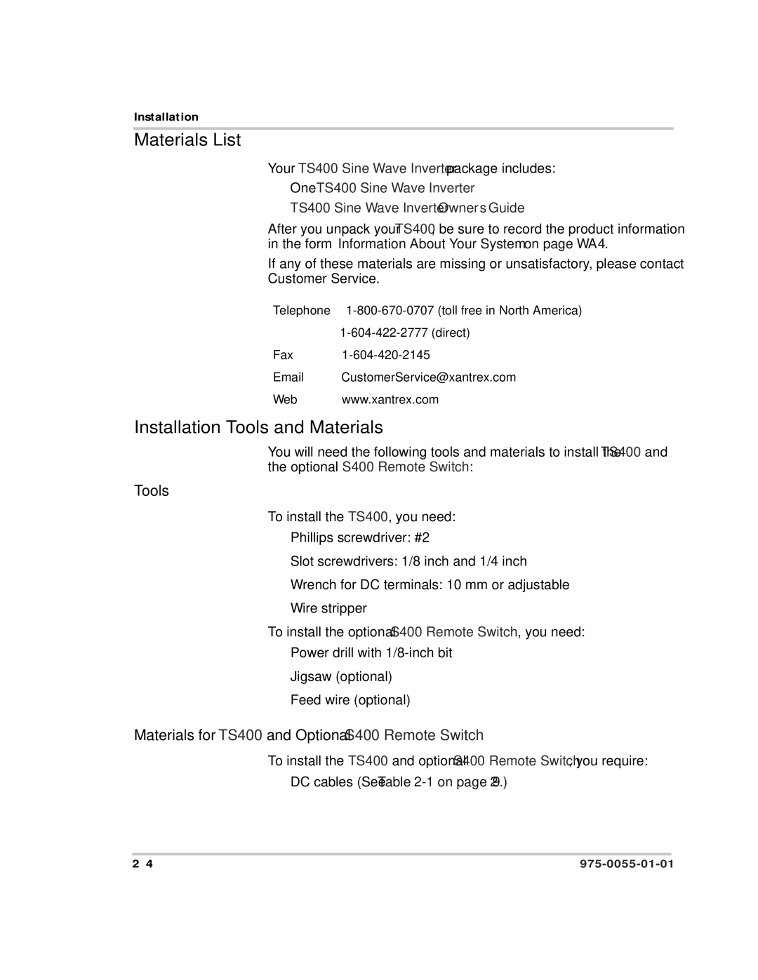 Xantrex Technology TS400 manual Materials List, Installation Tools and Materials 