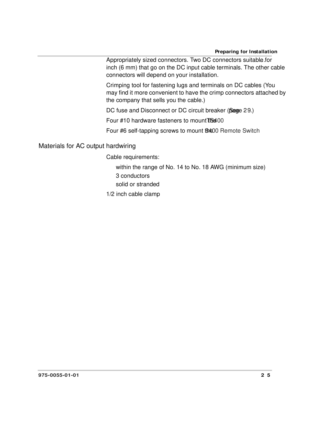 Xantrex Technology TS400 manual Materials for AC output hardwiring 