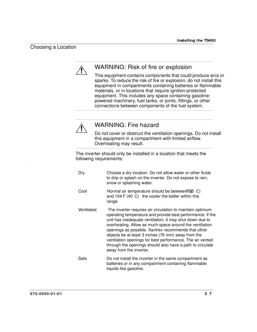 Xantrex Technology TS400 manual Choosing a Location 