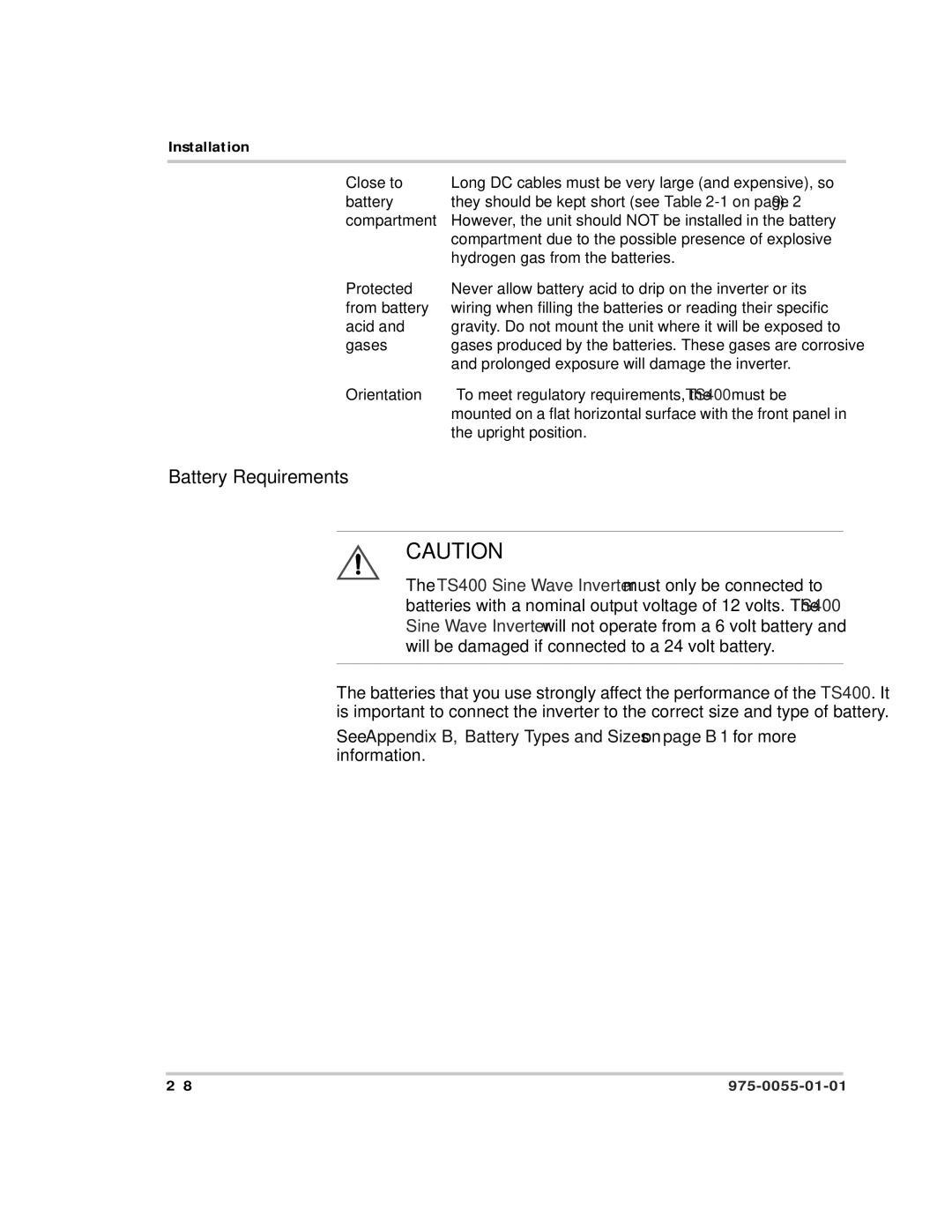 Xantrex Technology TS400 manual Battery Requirements 