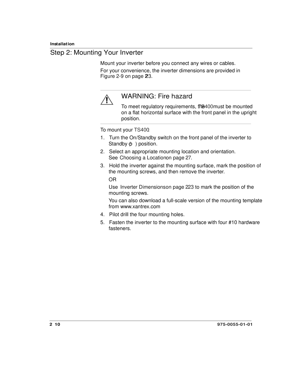 Xantrex Technology manual Mounting Your Inverter, To mount your TS400 