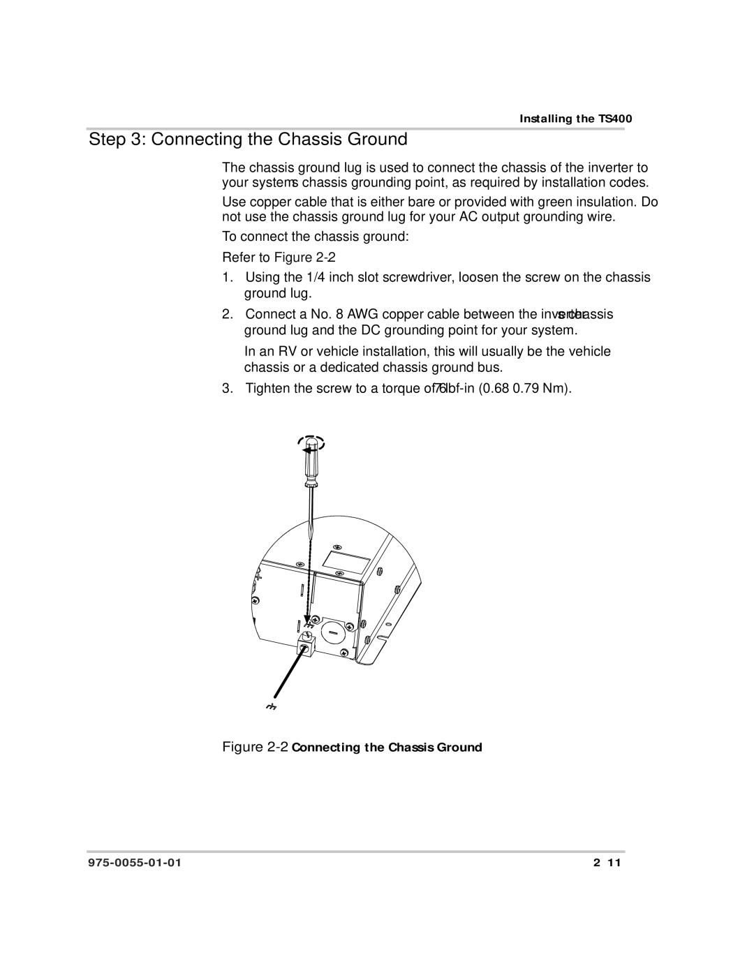 Xantrex Technology TS400 manual Connecting the Chassis Ground, To connect the chassis ground 