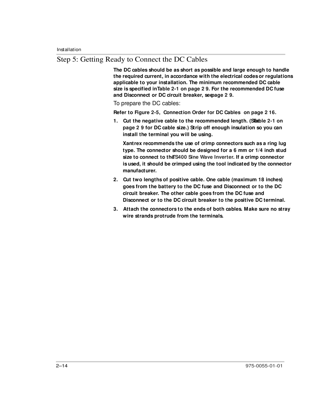 Xantrex Technology TS400 manual Getting Ready to Connect the DC Cables, To prepare the DC cables 
