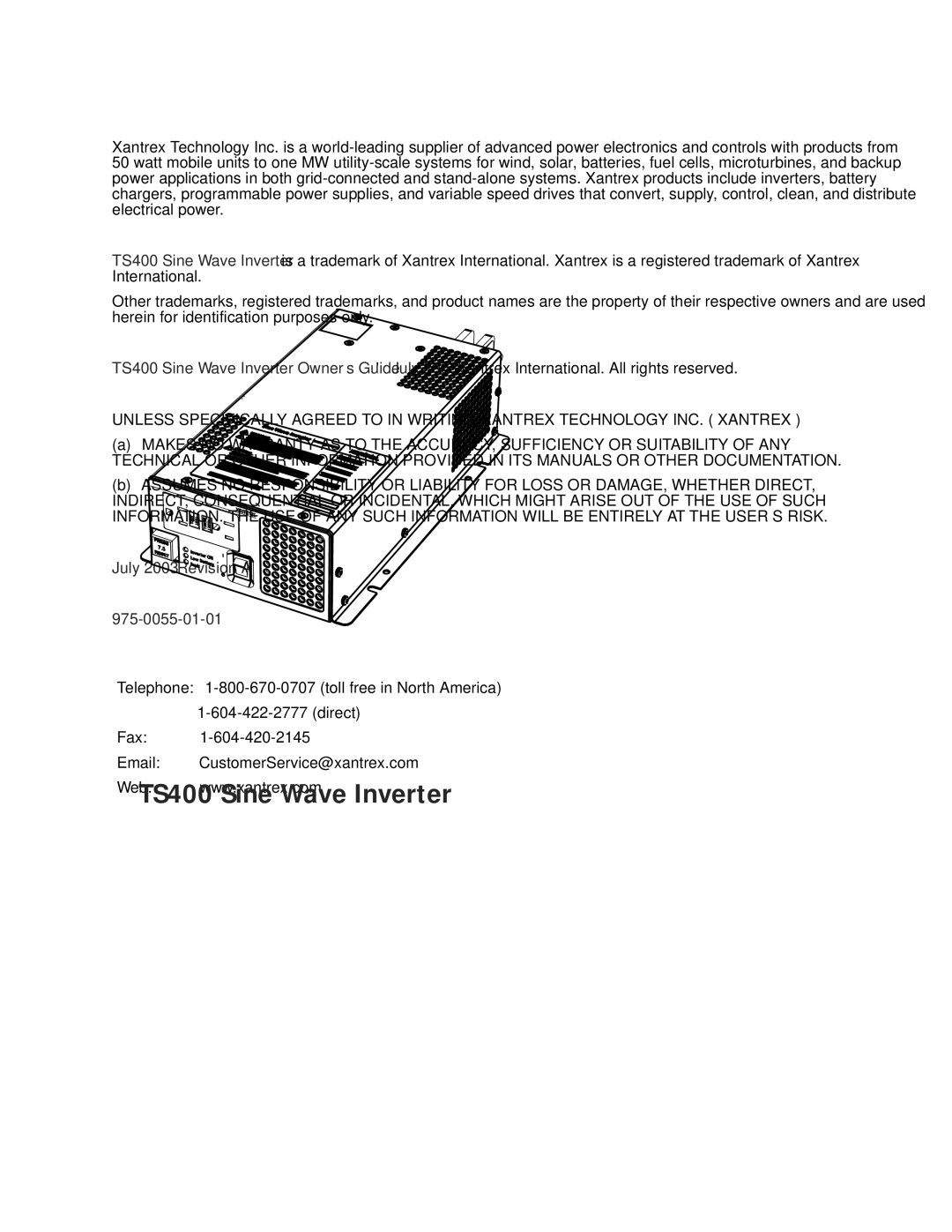 Xantrex Technology TS400 manual DWHDQG5HYLVLRQ 