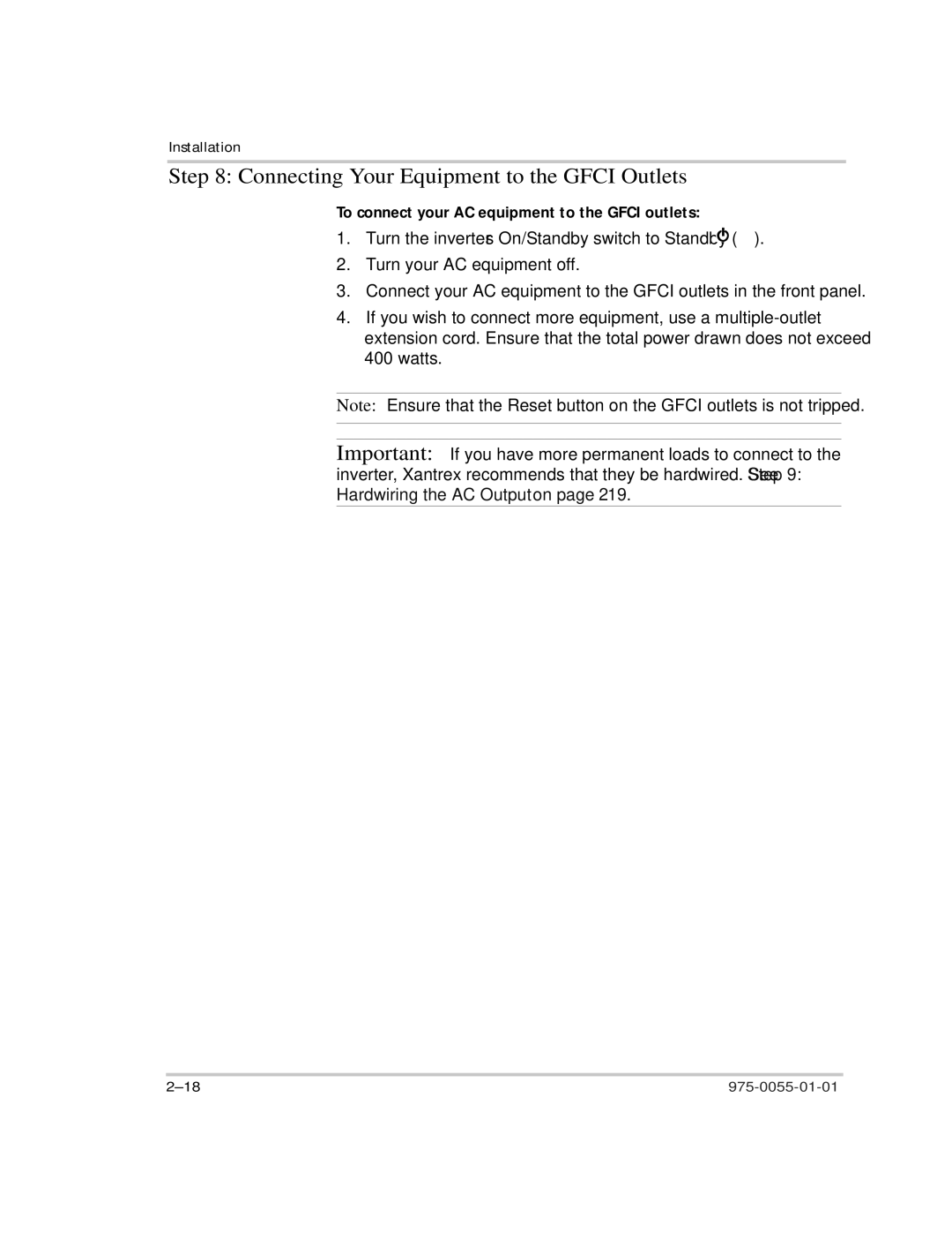Xantrex Technology TS400 Connecting Your Equipment to the Gfci Outlets, To connect your AC equipment to the Gfci outlets 