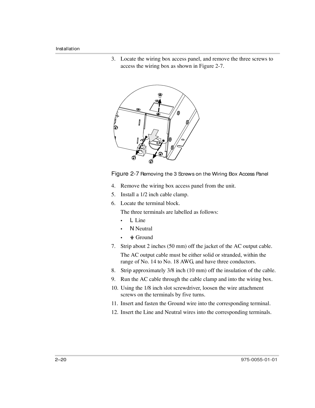 Xantrex Technology TS400 manual 7Removing the 3 Screws on the Wiring Box Access Panel 