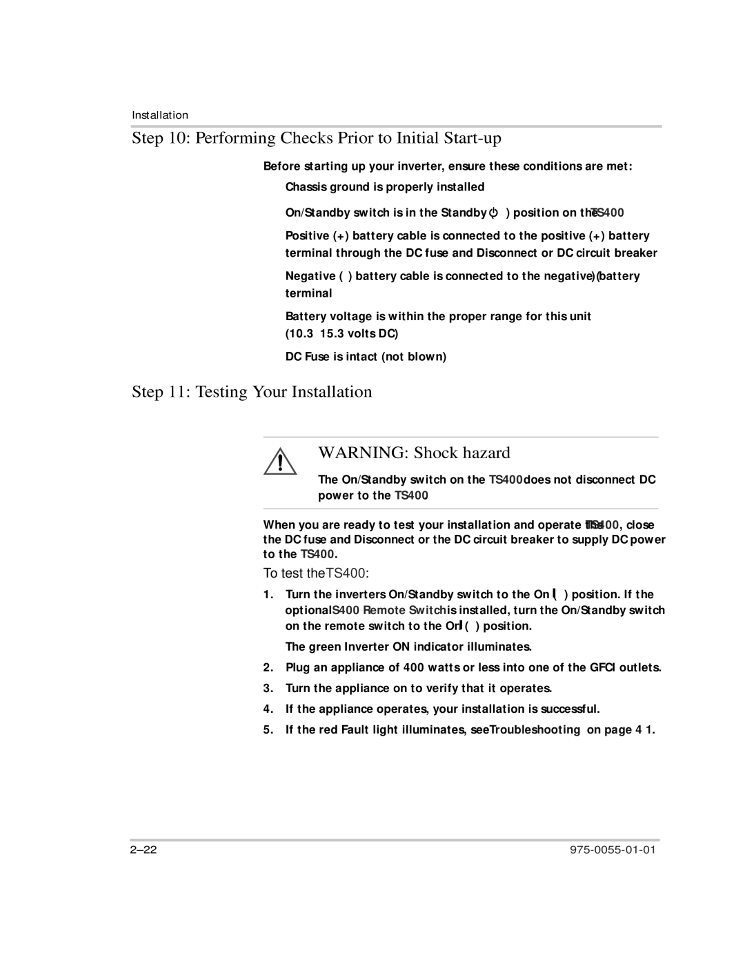 Xantrex Technology manual Performing Checks Prior to Initial Start-up, Testing Your Installation, To test the TS400 