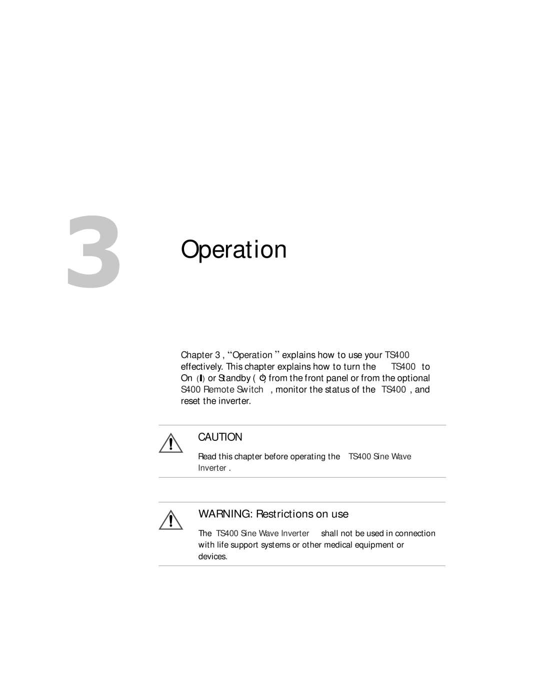 Xantrex Technology TS400 manual Operation 