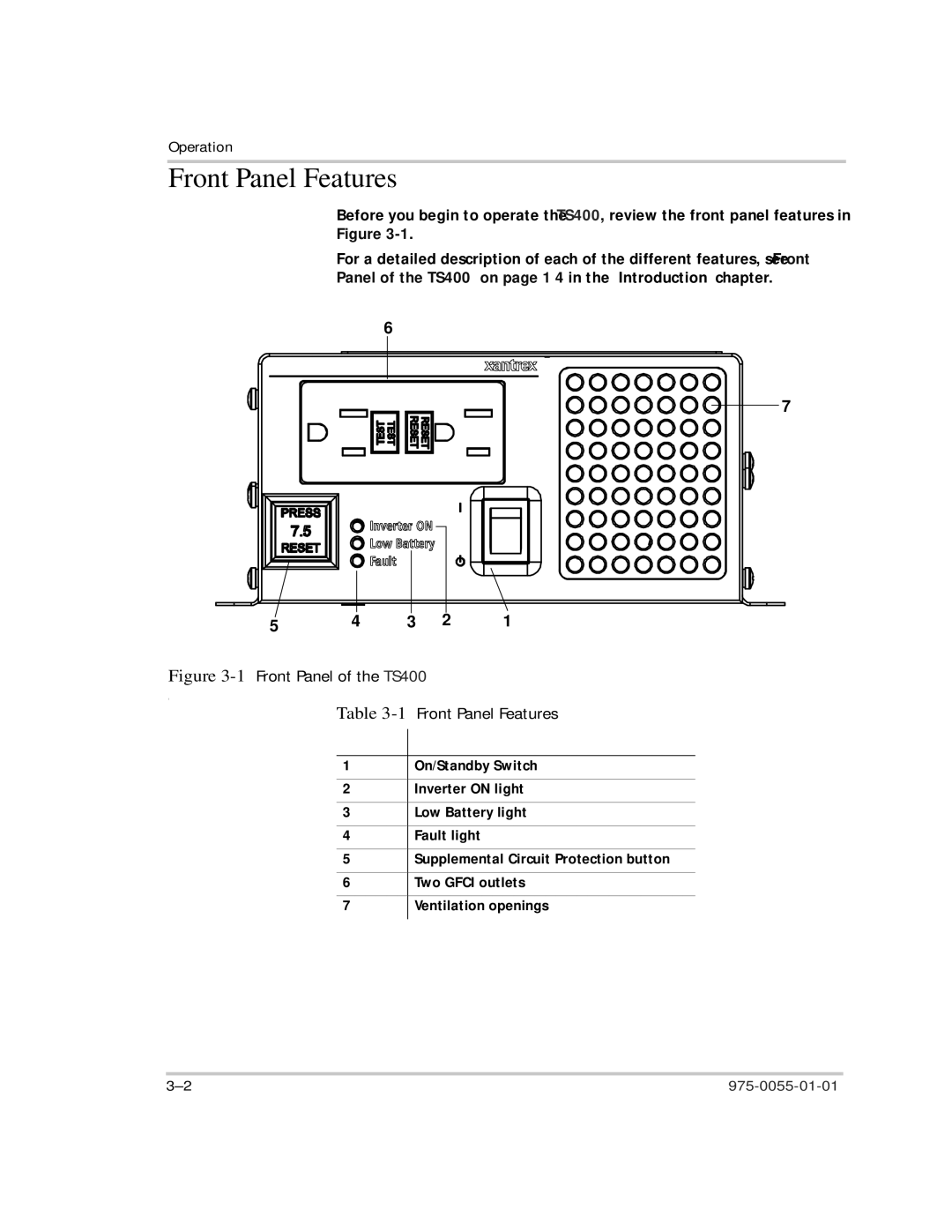 Xantrex Technology manual Front Panel Features, Panel of the TS400 on page 1-4 in the Introduction chapter 