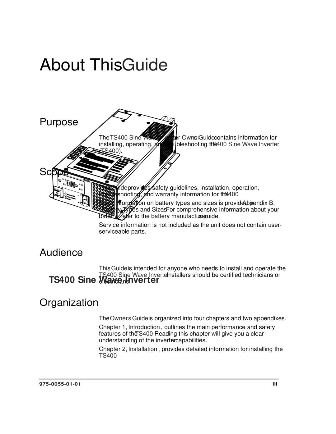 Xantrex Technology TS400 manual Purpose, Scope, Audience, Organization 