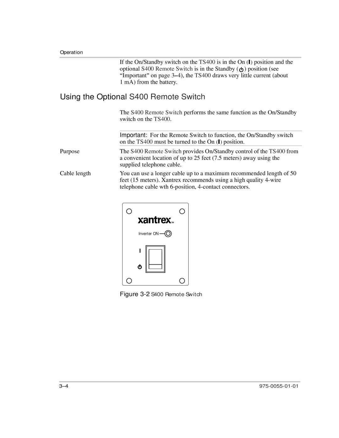 Xantrex Technology TS400 manual Using the Optional S400 Remote Switch, 2S400 Remote Switch 