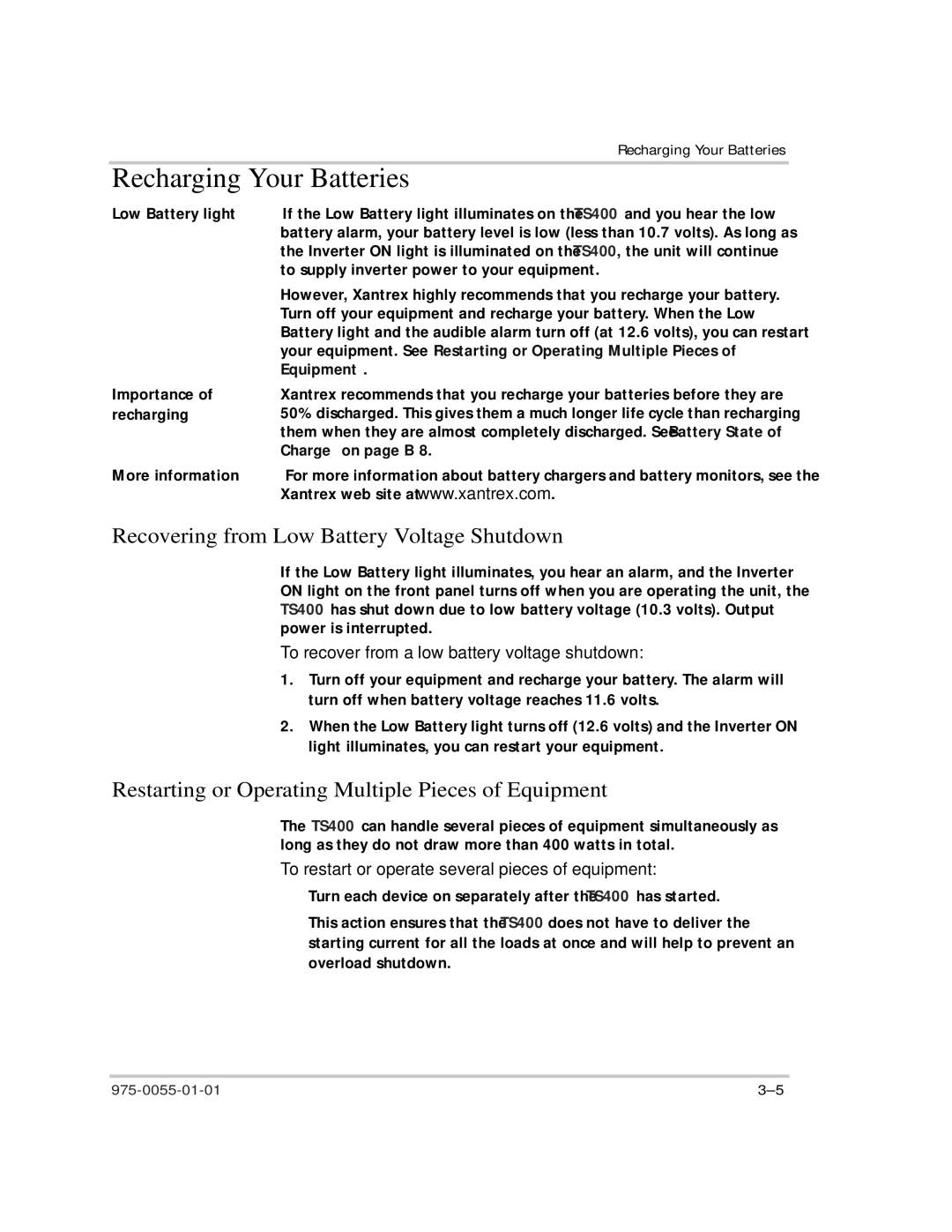 Xantrex Technology TS400 manual Recharging Your Batteries, Recovering from Low Battery Voltage Shutdown 