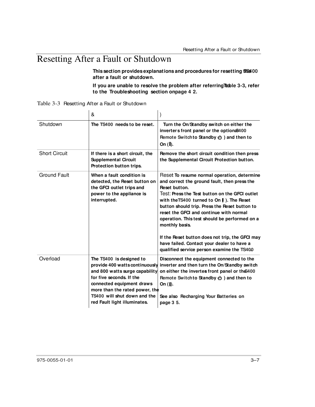 Xantrex Technology TS400 manual Resetting After a Fault or Shutdown, Dxow 6WDWXV $FWLRQ 