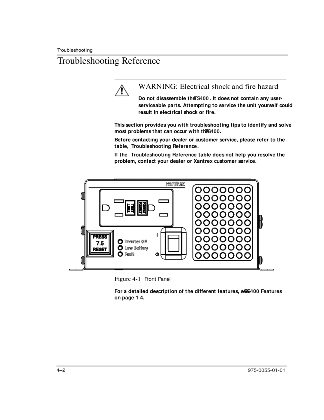 Xantrex Technology TS400 manual Troubleshooting Reference, Front Panel 