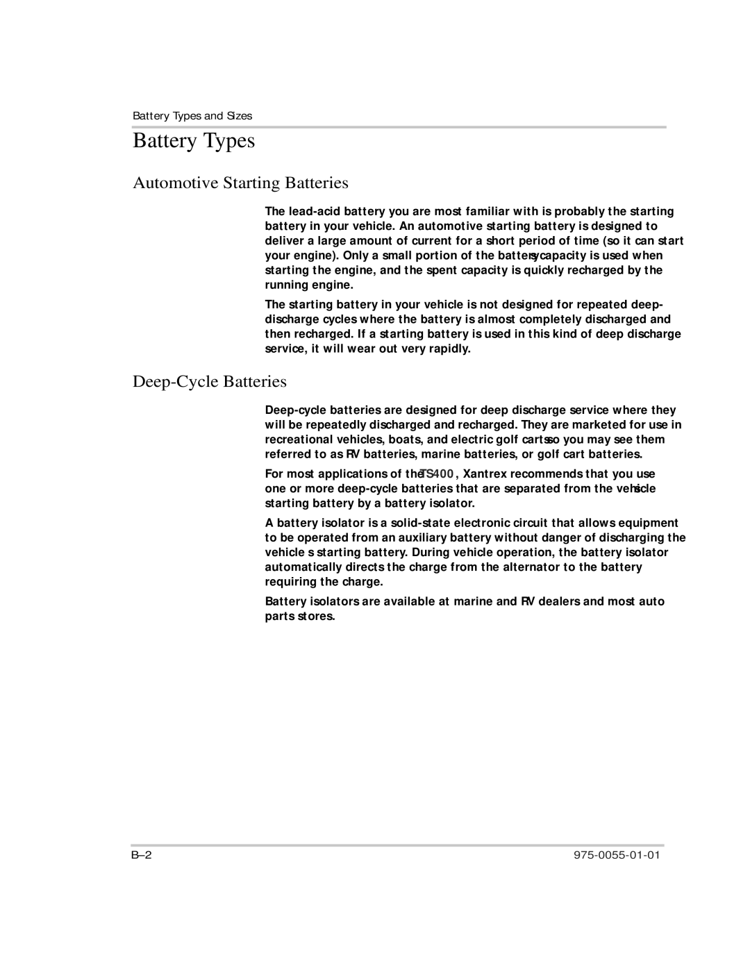 Xantrex Technology TS400 manual Battery Types, Automotive Starting Batteries, Deep-Cycle Batteries 