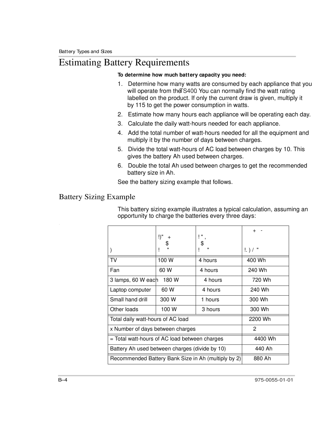 Xantrex Technology TS400 Estimating Battery Requirements, Battery Sizing Example, 7LPHSHUD\ Dssoldqfh $SSOLDQFH Dwwv +RXUV 