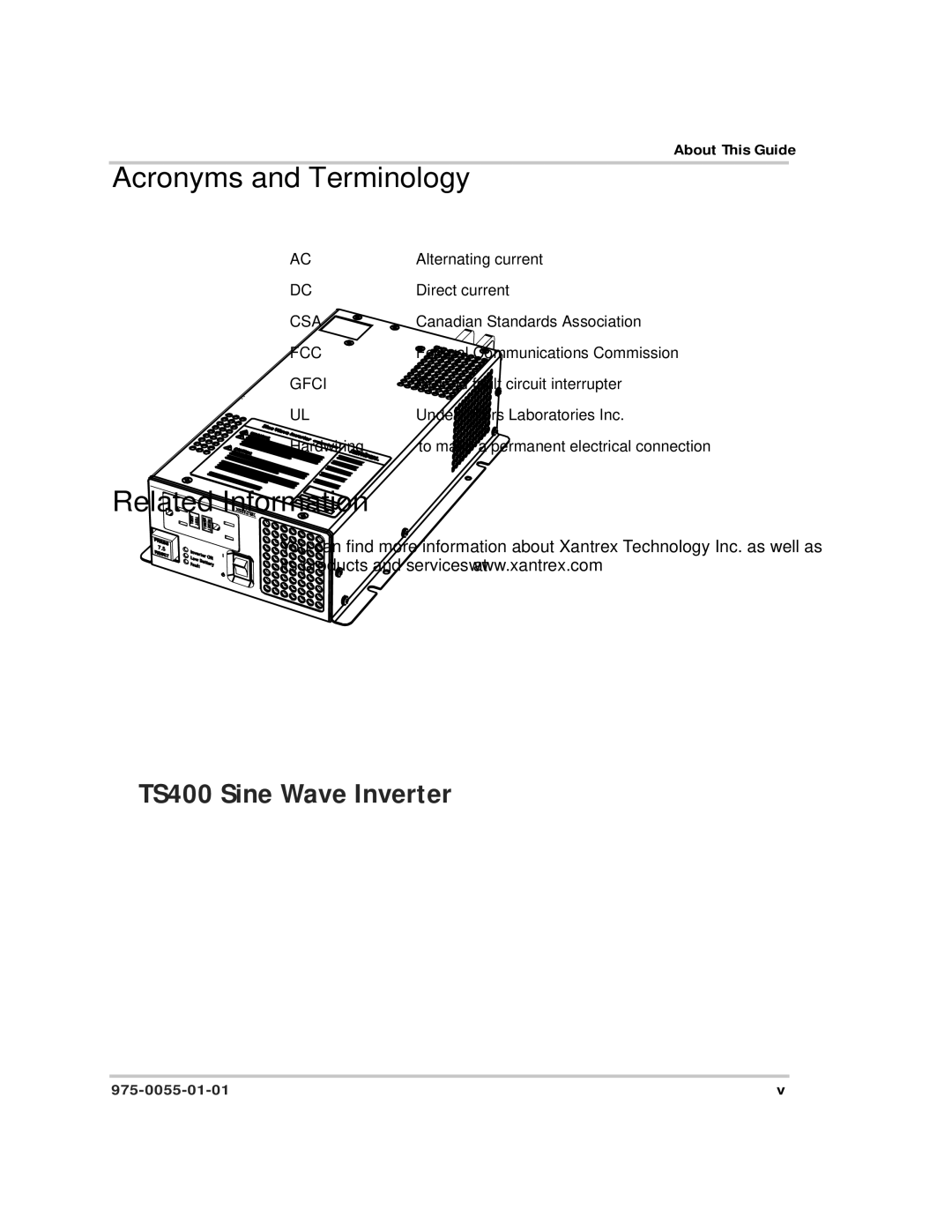 Xantrex Technology TS400 manual Acronyms and Terminology, Related Information 