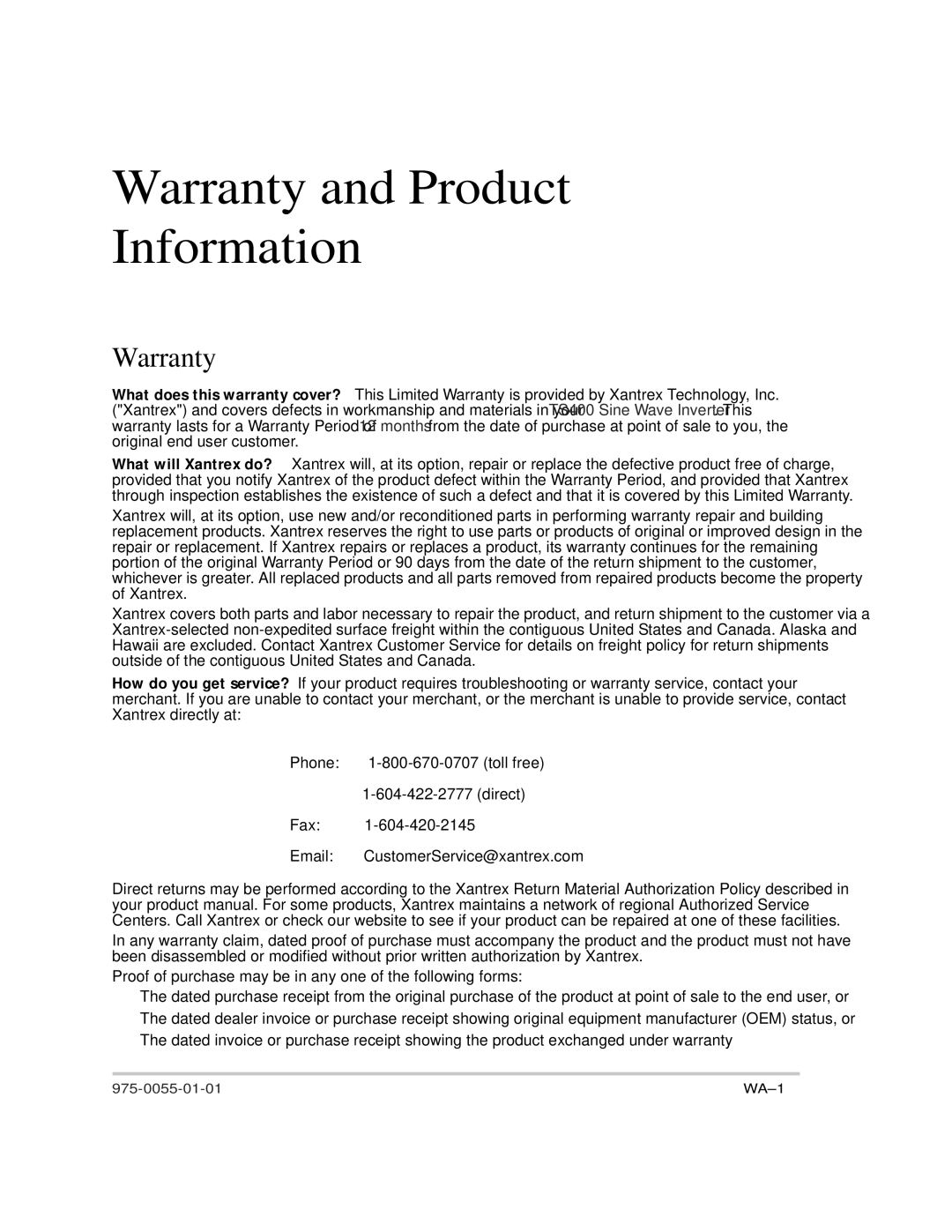 Xantrex Technology TS400 manual Warranty and Product Information 