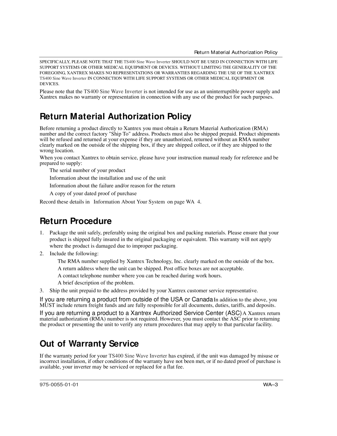 Xantrex Technology TS400 manual Return Material Authorization Policy, Return Procedure, Out of Warranty Service 