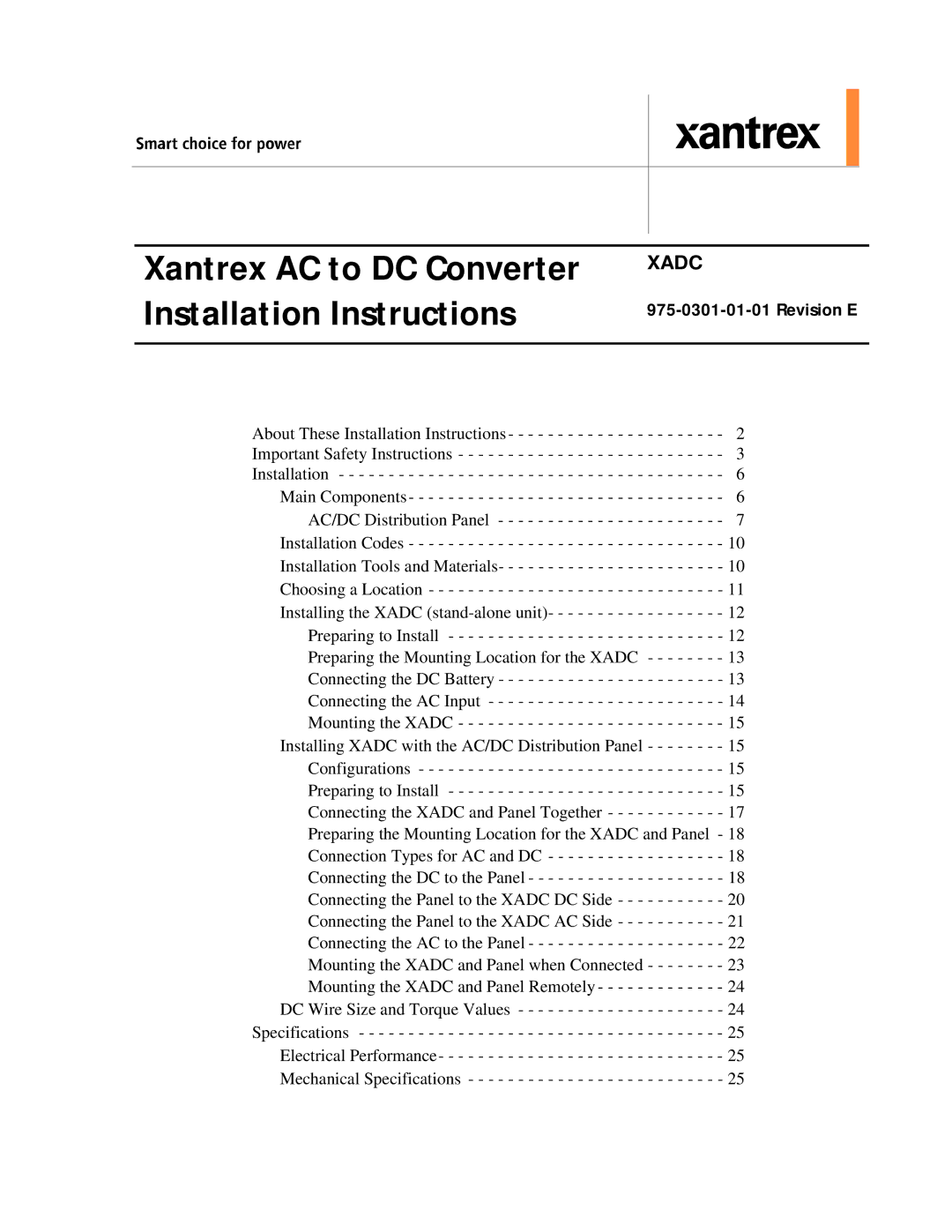 Xantrex Technology XADC installation instructions Xantrex AC to DC Converter Installation Instructions 