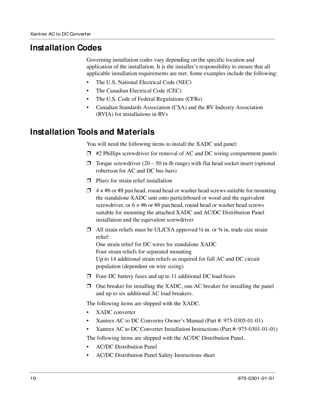 Xantrex Technology XADC installation instructions Installation Codes, Installation Tools and Materials 