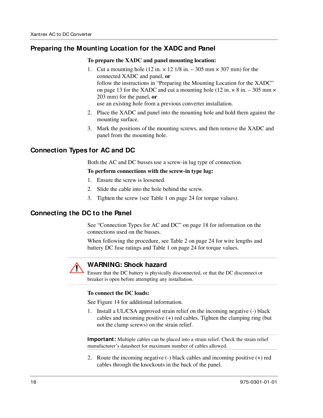 Xantrex Technology XADC Preparing the Mounting Location for the Xadc and Panel, Connection Types for AC and DC 