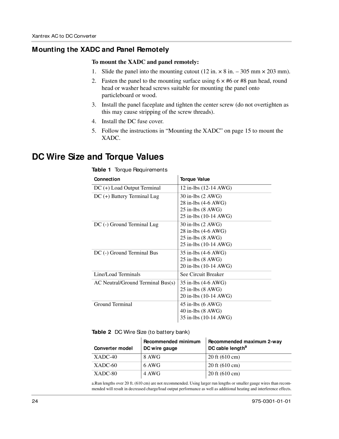 Xantrex Technology XADC installation instructions DC Wire Size and Torque Values, Mounting the Xadc and Panel Remotely 