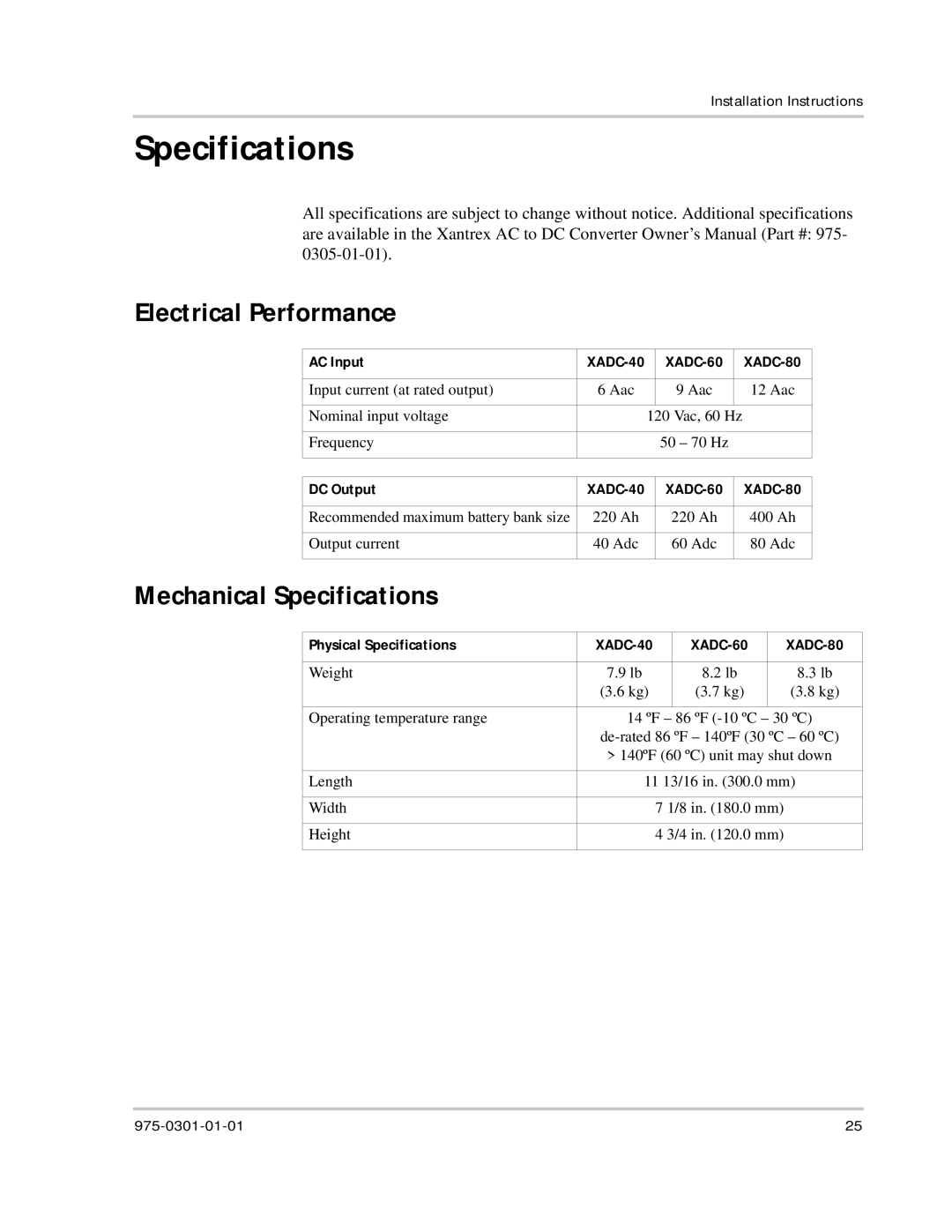 Xantrex Technology XADC installation instructions Electrical Performance, Mechanical Specifications 