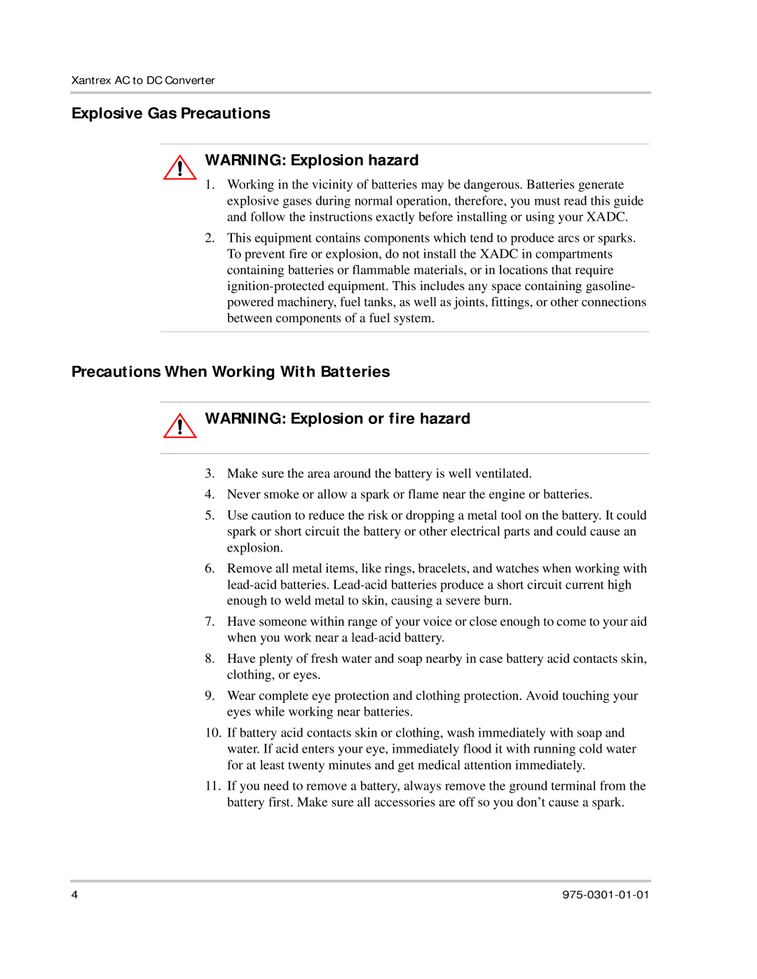 Xantrex Technology XADC installation instructions Explosive Gas Precautions, Precautions When Working With Batteries 