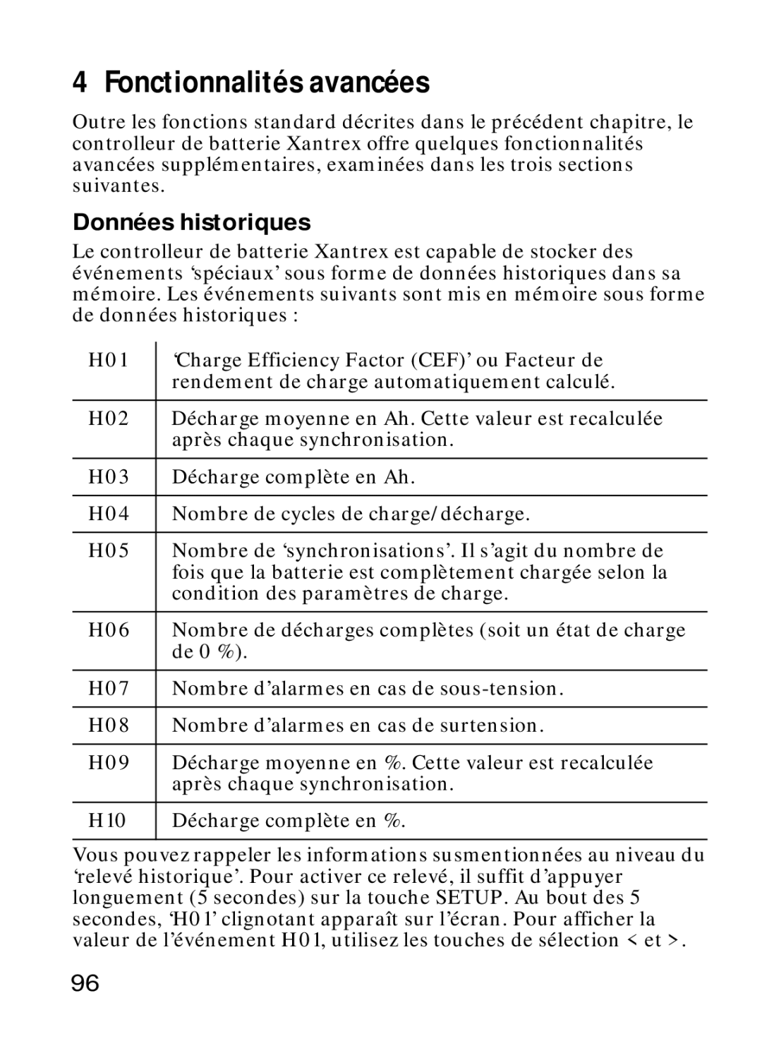 Xantrex Technology Xantrex Battery Monitor manual Fonctionnalités avancées, Données historiques 