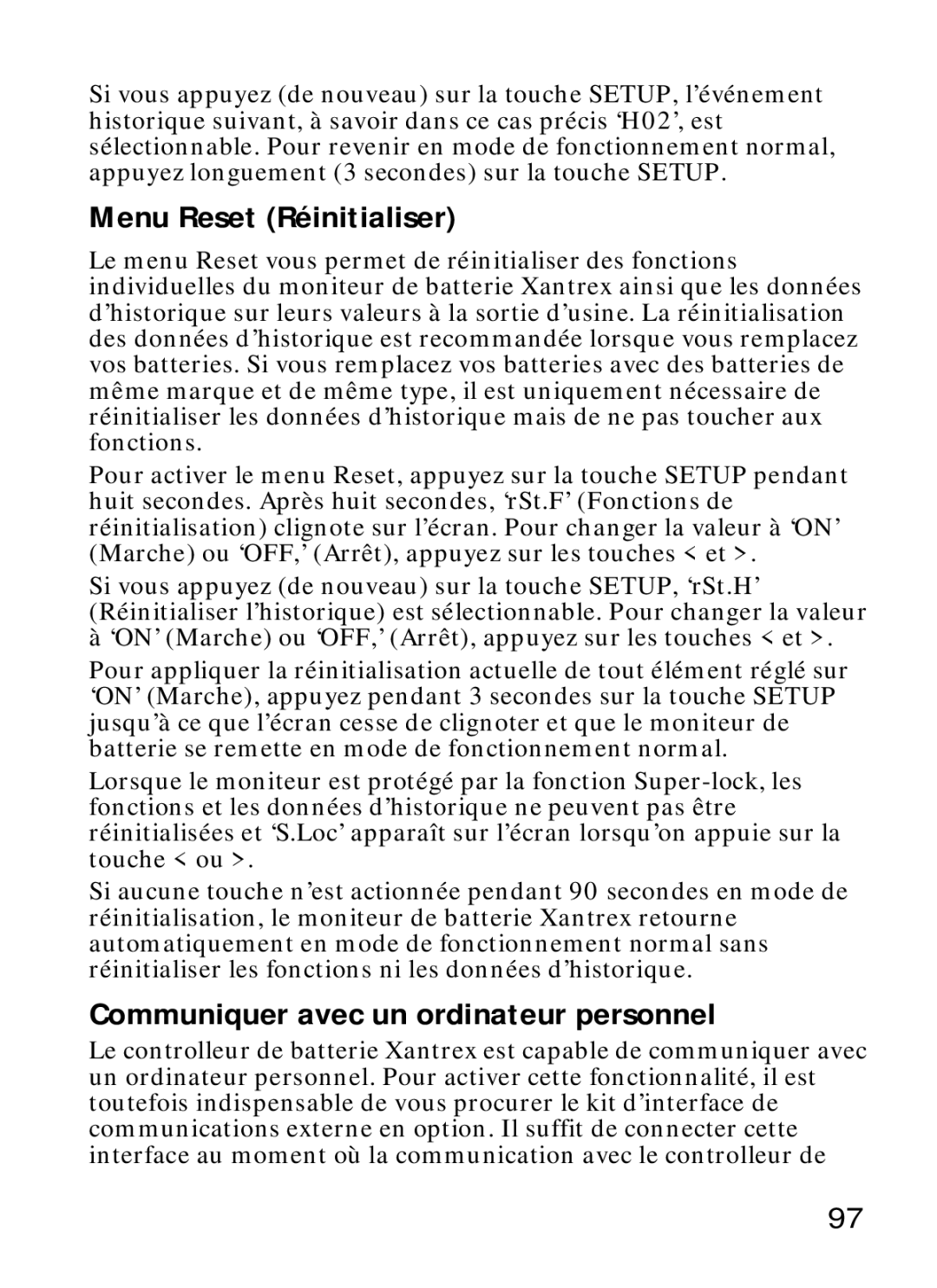 Xantrex Technology Xantrex Battery Monitor manual Menu Reset Réinitialiser, Communiquer avec un ordinateur personnel 