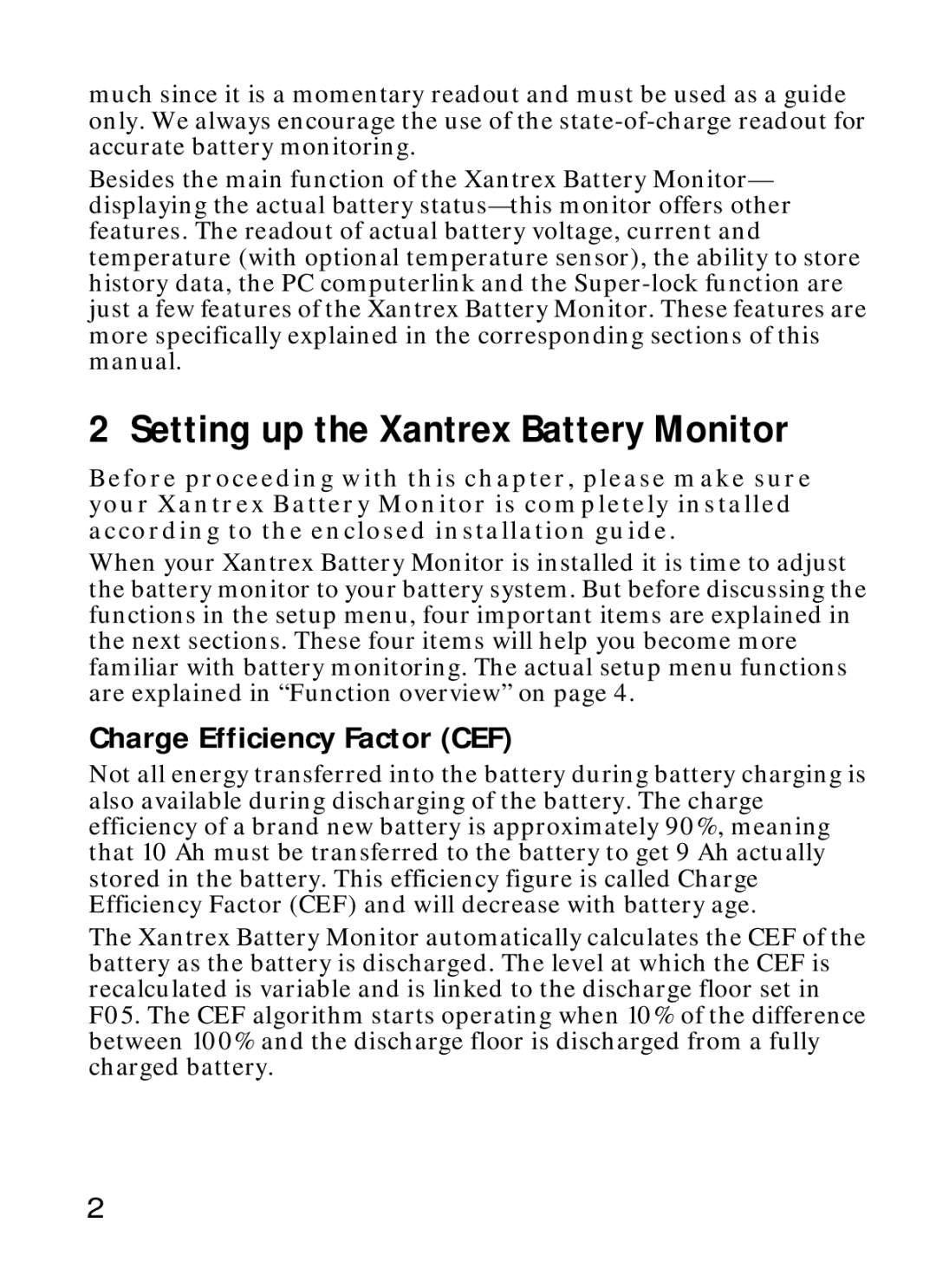 Xantrex Technology manual Setting up the Xantrex Battery Monitor, Charge Efficiency Factor CEF 