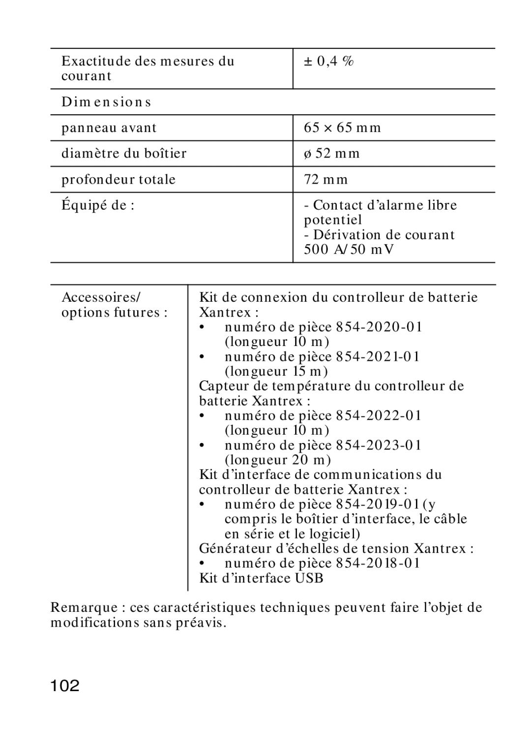 Xantrex Technology Xantrex Battery Monitor 102, Exactitude des mesures du courant ± 0,4 %, Numéro de pièce Longueur 20 m 