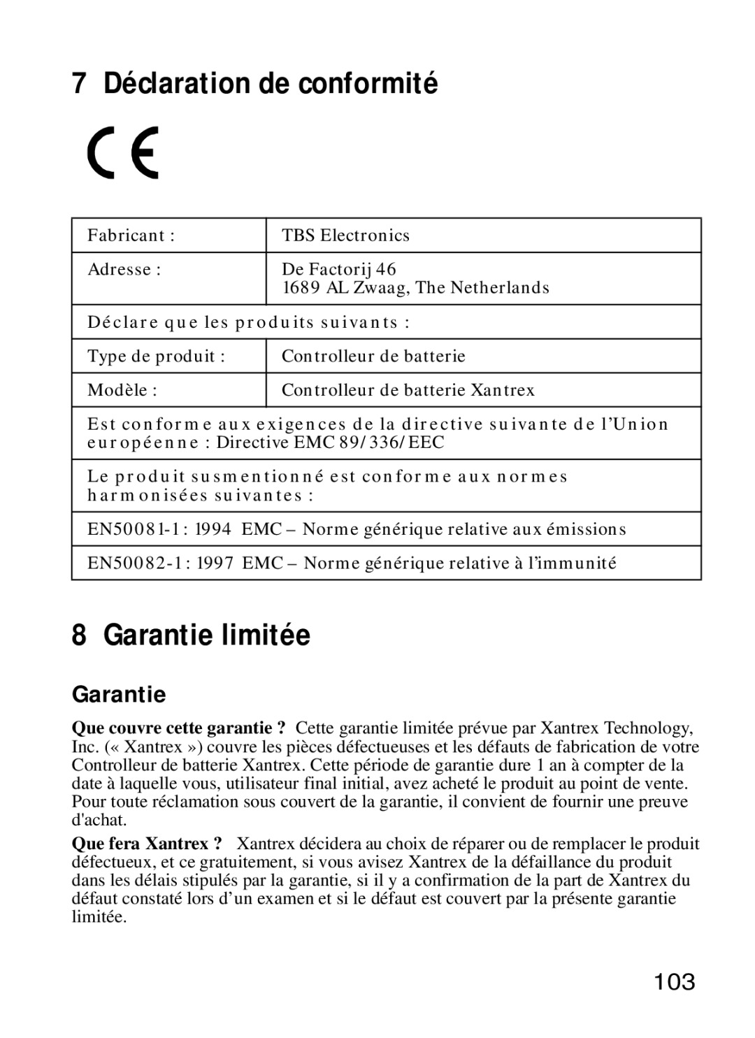 Xantrex Technology Xantrex Battery Monitor manual Déclaration de conformité, Garantie limitée, 103 