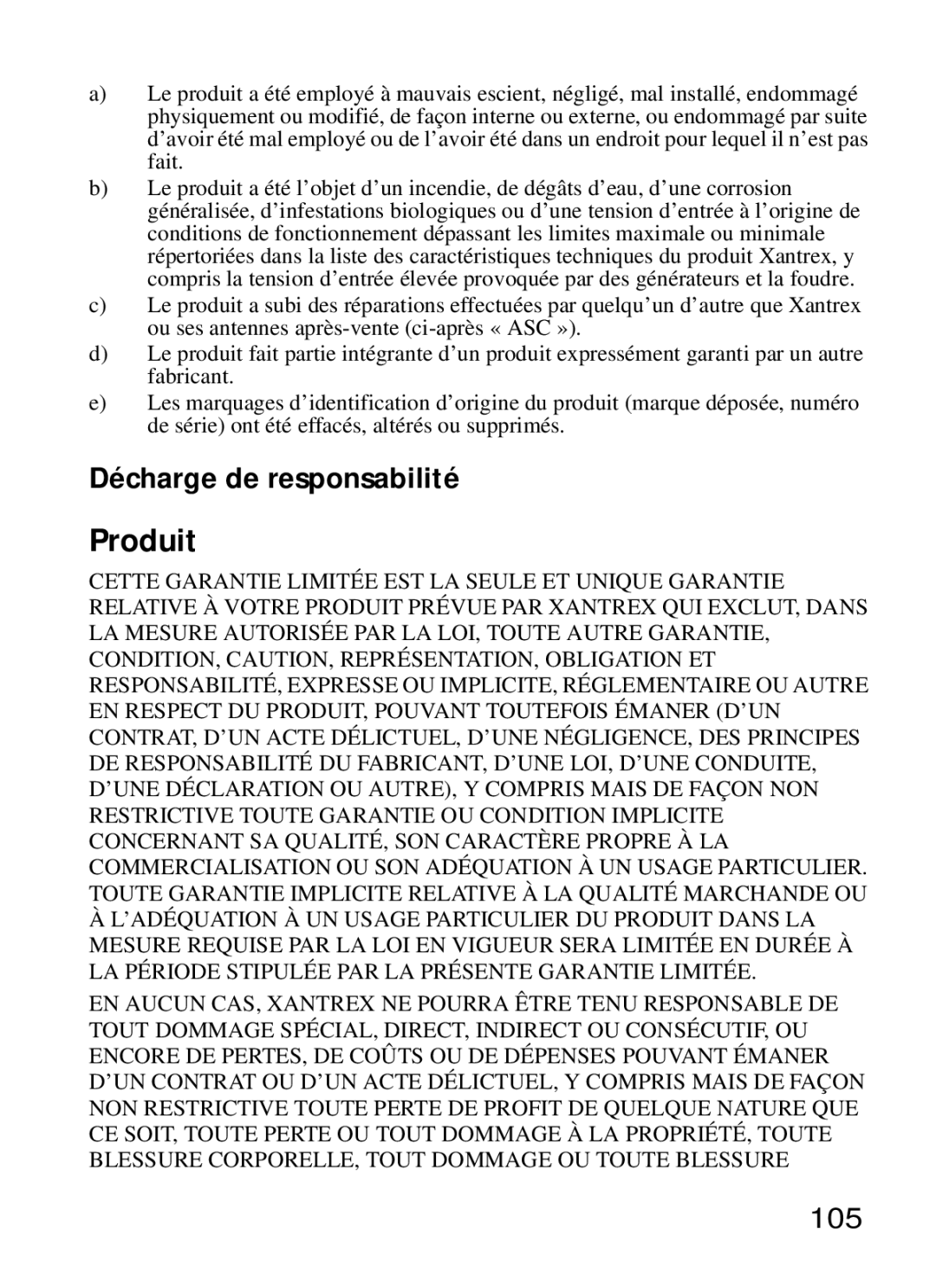 Xantrex Technology Xantrex Battery Monitor manual Produit, Décharge de responsabilité, 105 