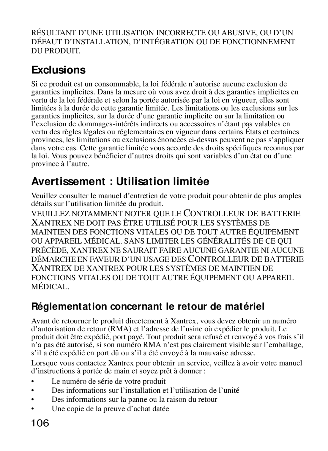 Xantrex Technology Xantrex Battery Monitor manual Avertissement Utilisation limitée, 106 