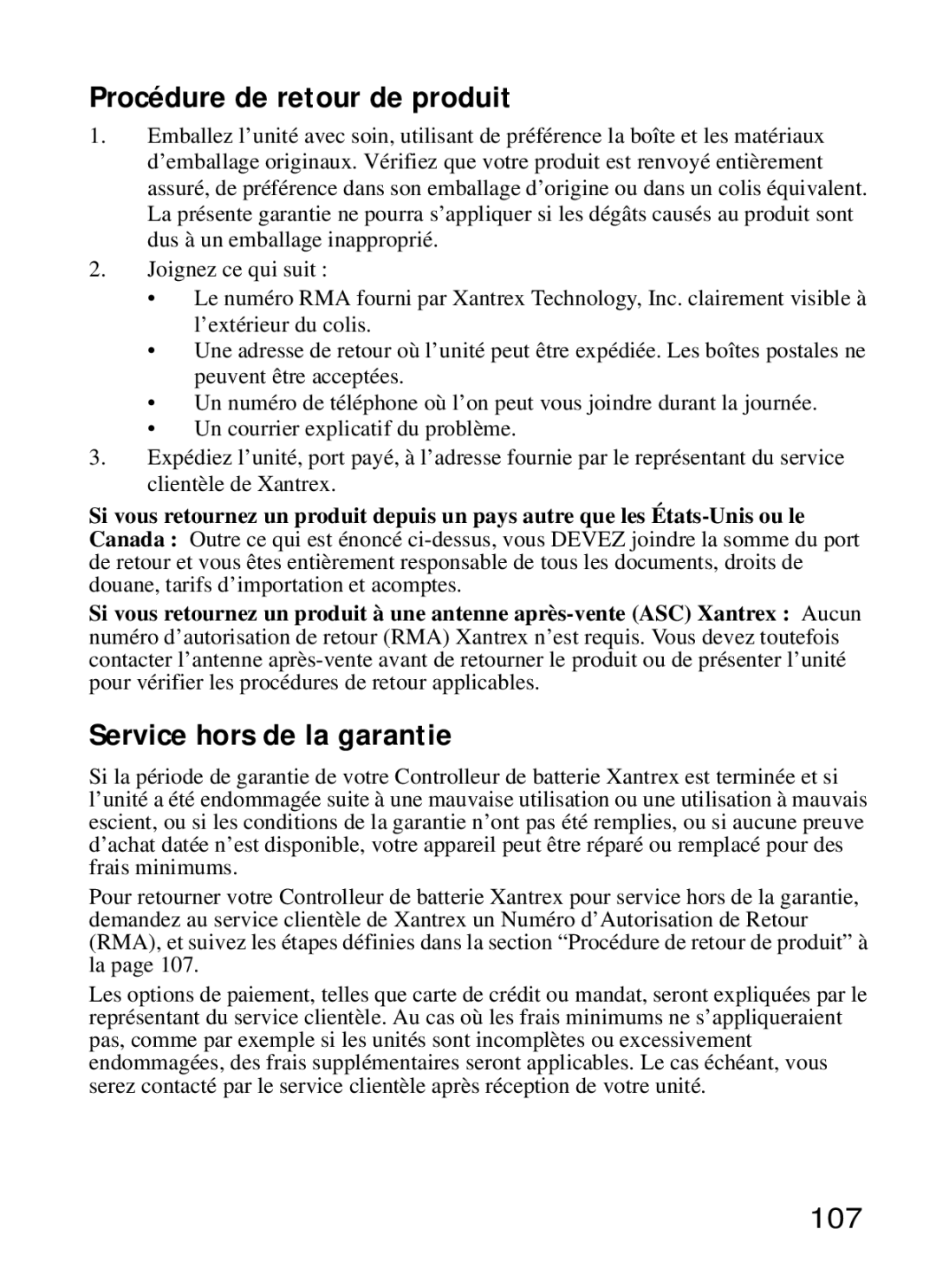 Xantrex Technology Xantrex Battery Monitor manual Procédure de retour de produit, Service hors de la garantie, 107 