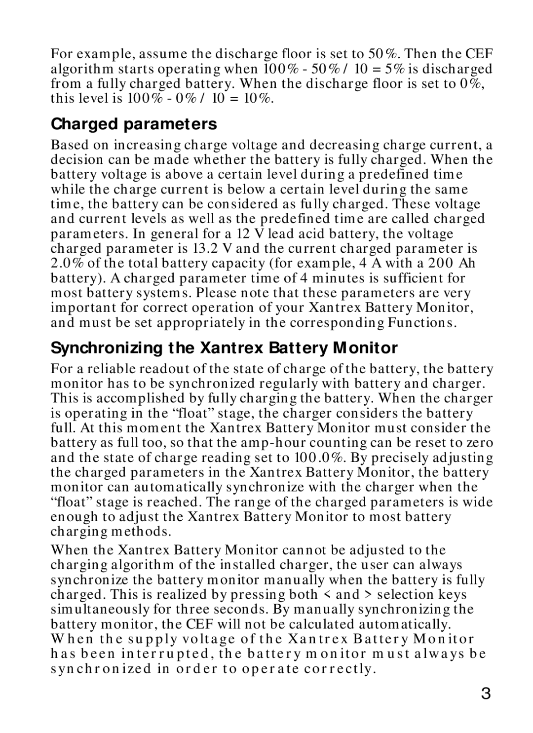 Xantrex Technology manual Charged parameters, Synchronizing the Xantrex Battery Monitor 