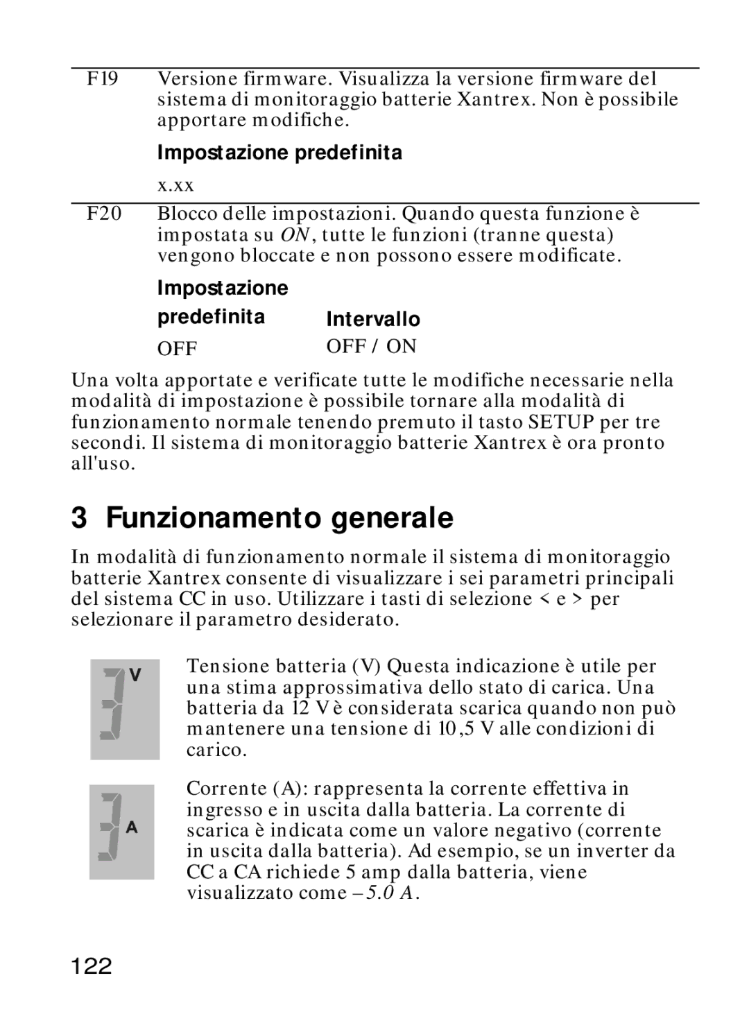 Xantrex Technology Xantrex Battery Monitor manual Funzionamento generale, 122, Impostazione predefinita 