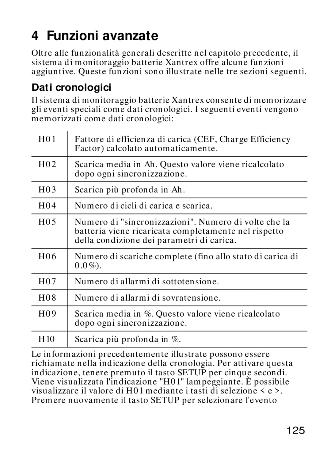 Xantrex Technology Xantrex Battery Monitor manual Funzioni avanzate, Dati cronologici, 125 