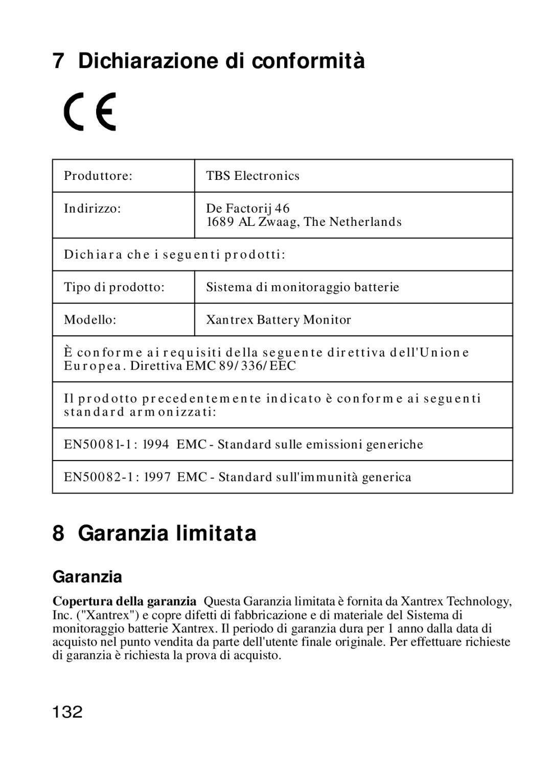 Xantrex Technology Xantrex Battery Monitor manual Dichiarazione di conformità, Garanzia limitata, 132 