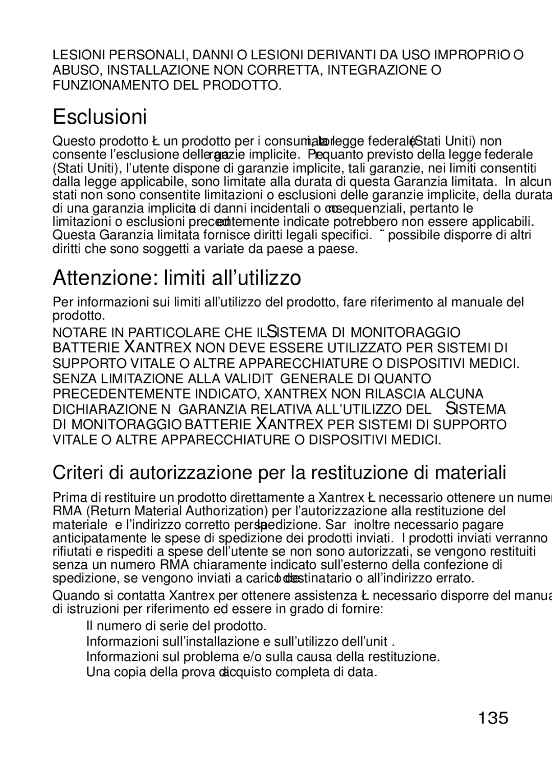 Xantrex Technology Xantrex Battery Monitor manual Esclusioni, Attenzione limiti allutilizzo, 135 