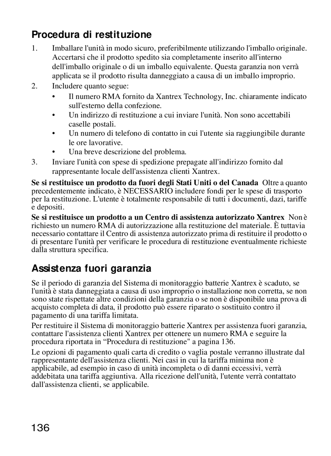 Xantrex Technology Xantrex Battery Monitor manual Procedura di restituzione, Assistenza fuori garanzia, 136 