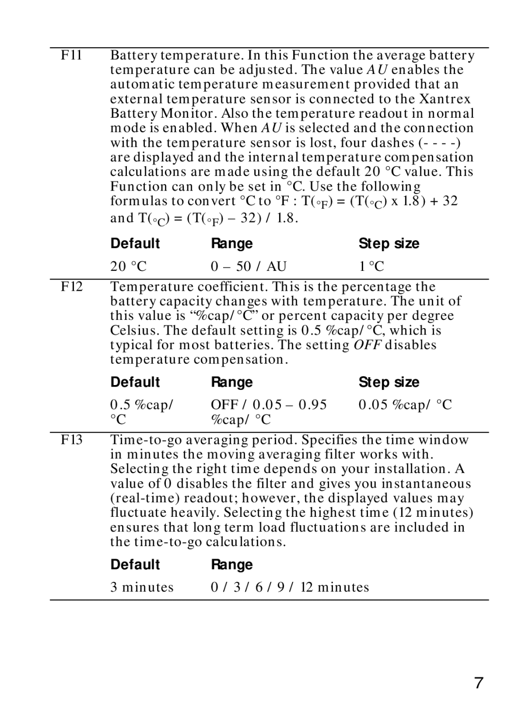 Xantrex Technology Xantrex Battery Monitor manual 20 C 50 / AU, cap OFF / 0.05, Cap/ C, Minutes 6 / 9 / 12 minutes 