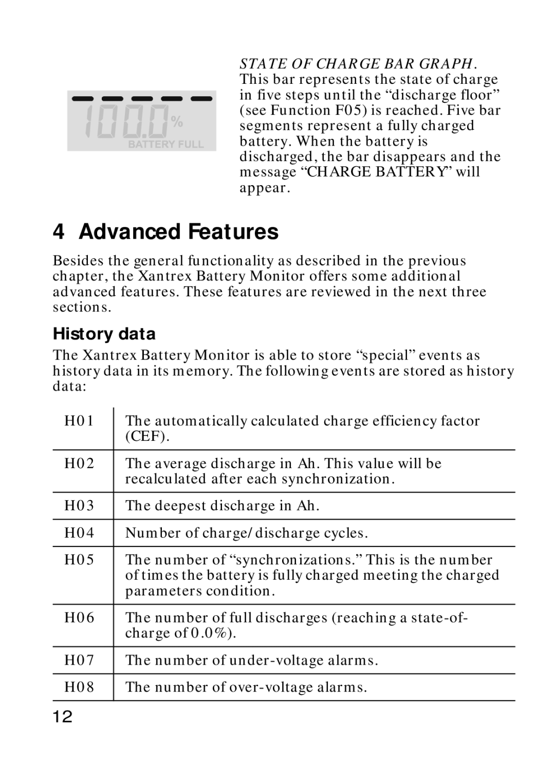 Xantrex Technology Xantrex Battery Monitor manual Advanced Features, History data 